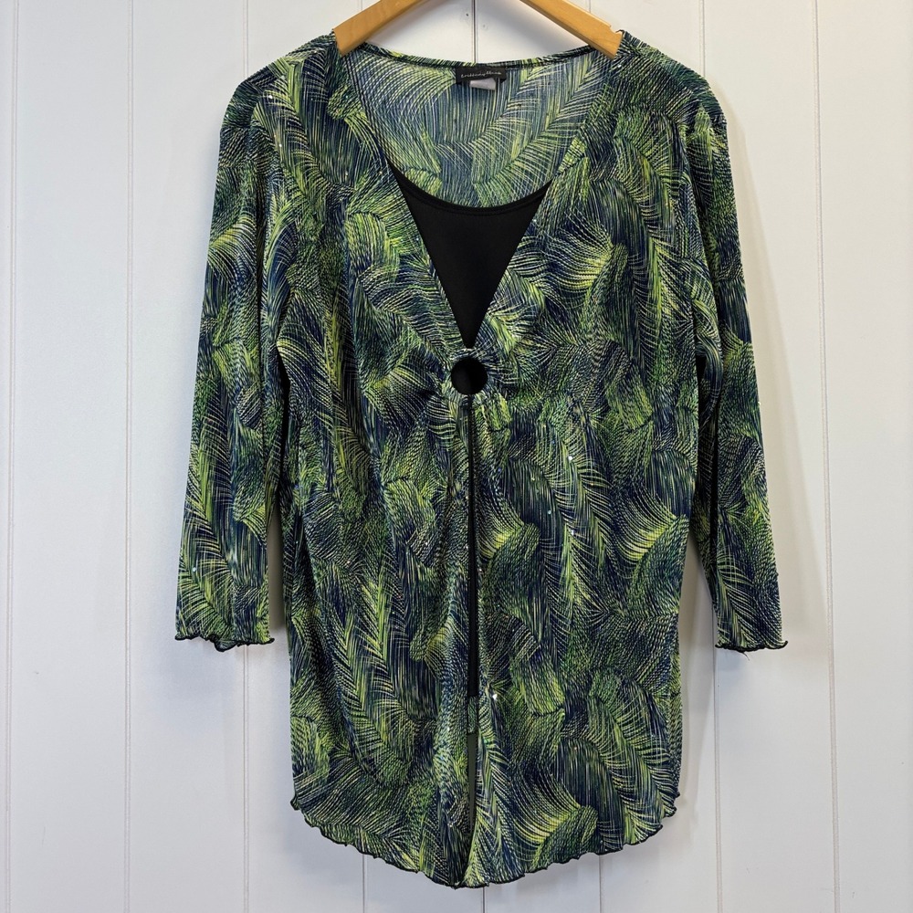 Brittany Black Womens Y2K Tropical Lettuce Hem Top Size 3X Sparkly Old Money